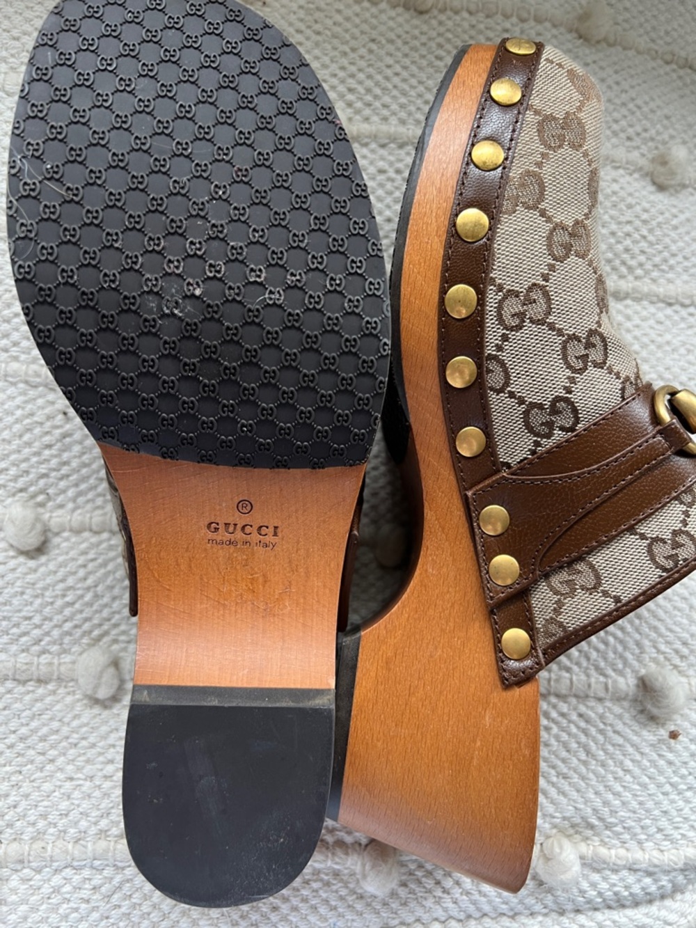 Gucci Beige and Brown Monogram Canvas Horsebit Clogs - Picture 6 of 7